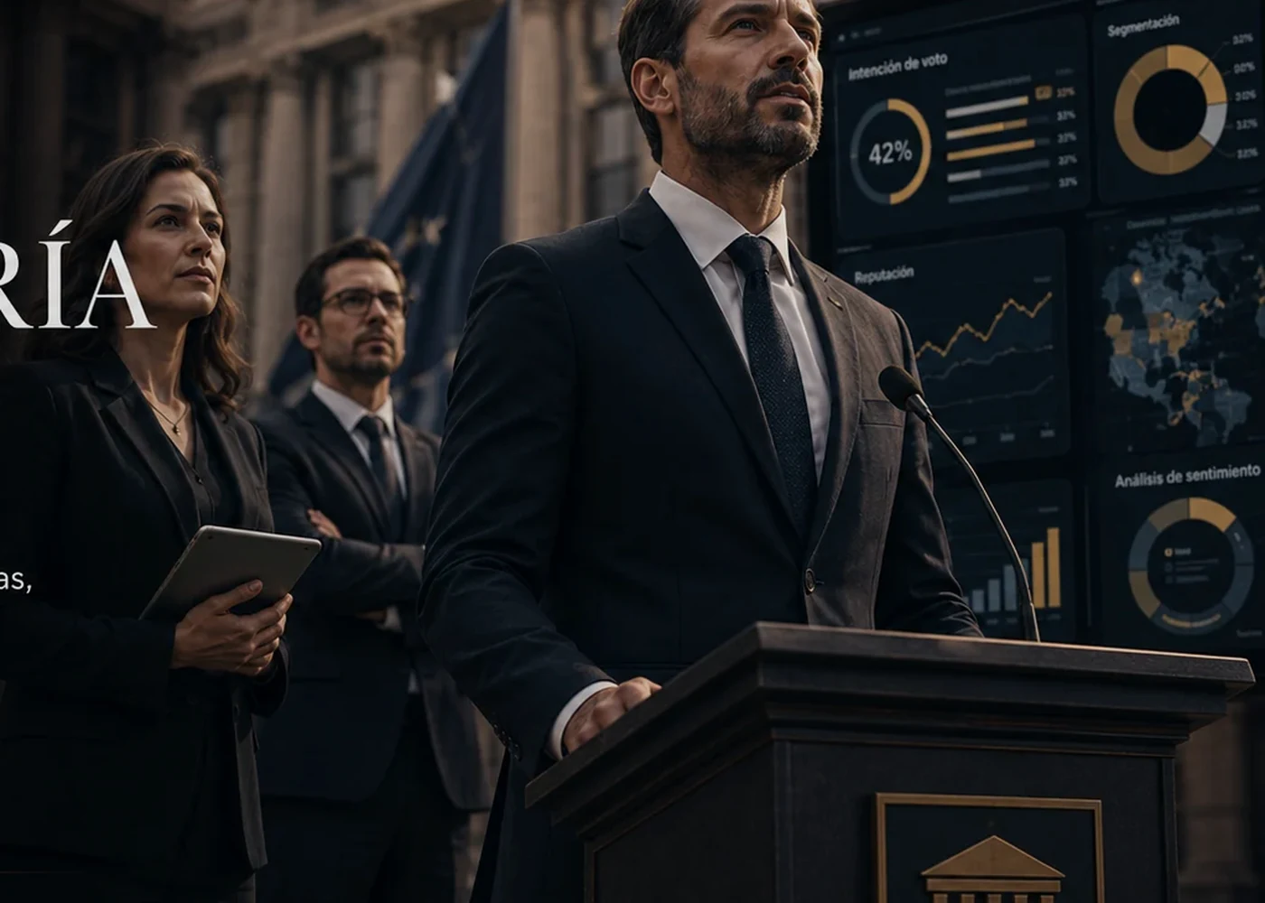 Equipo de estrategia política analizando datos y comunicación de campaña